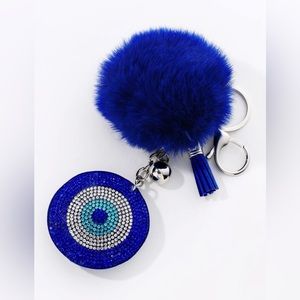 NWT Evil Eye Pom Pom & Rhinestone Decor Round Charm Keychain